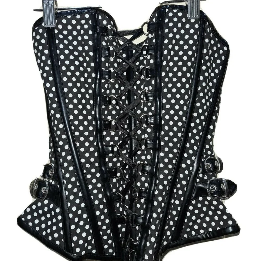 Burlesk Black Polka Dot Corset Buckle Steel Goth Rockabilly Lace Overbust Size M - Picture 1 of 6